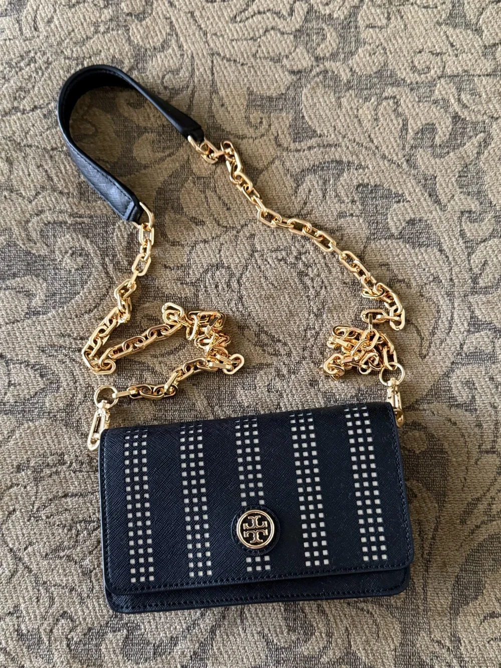 Tory Burch Black Crossbody with Gold Chain and Logo Medallion